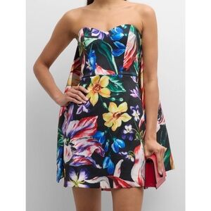 Marchesa Notte strapless cape mini dress in black multi